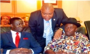 Chief of Staff, Rivers State Government House, Engr Emeka Woke (right), Senior Adviser to the Governor on Media and Publicity, Mr Opunabo Inko-Taria (middle) and Commissioner for Finance, Dr Fred Kpakol, during the swearing-in ceremony of new government appointees, at Government House, Port Harcourt, last Friday. Photo: Chris Monyanaga