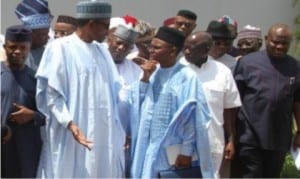 President Muhammadu Buhari flanked by Vice President Yemi Osinbajo and Governor Nasir El-Rufai as well as Governor Adams Oshiomhole of Edo State and Governor Nyesom Wike of Rivers State (right) as they discussed after the first meeting between the President and State Governors at the Presidential Villa, Abuja, yesterday. 