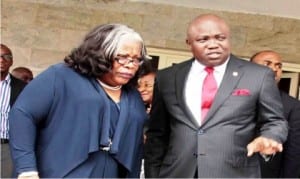 Chief Judge of Lagos State, Justice Olufunmilayo Atilade (left) and Governor Akinwumi Ambode after a meeting in Lagos last Monday. Photo: NAN