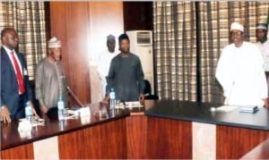 L-R:Permanent Secretary, State House, Mr Nebolisa Emordi; former Military Administrator of Kaduna State, Retired Col. Hamid Ali, Vice-President Yemi Osinbajo and President Muhammadu Buhari, during a meeting at the Presidential Villa in Abuja, Monday