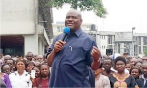 Governor Nyesom Wike of Rivers State (right), addressing  civil servants in Port Harcourt last Monday.                 Photo: NAN