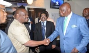 Governor Nyesom Wike being welcomed by South African High Commissioner to Nigeria, Mr Lulu Louis Mmagani,  at the inauguration of South Africa Visa Application Centre in Port Harcourt.