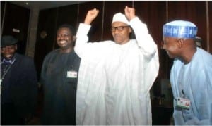 President Muhammadu Buhari (2nd right), Special Adviser to the President on Media and Publicity, Mr Femi Adesina (2nd Left), Senior Special Assistant to the President on Media and Publicity, Malam Garba Shehu (right), and the Chairman, State House Press Corps, Mr Kehinde Amodu, after a meeting of the President with State House correspondents at the Presidential Villa, Abuja,last Monday