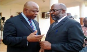Chief  Judge of Anambra State, Justice Peter Umeadi (left) discussing with Chairman, Nigeria  Bar Association (NBA) Onitsha Branch, Mr Chudi Obieze, during  the members of  the Association's  visit to the Chief  Judge  in Onitsha, recently.