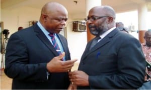 Chief Judge of Anambra State, Justice Peter Umeadi (left) discussing with Chairman, Nigeria Bar Association (NBA) Onitsha Branch, Mr Chudi Obieze, during the members of the Association's visit to the Chief Judge in Onitsha, recently.