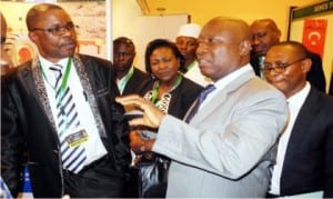 L-R: President, Federation of Construction Industry (Foci), Builder Solomon Ogunbusola, Director-General of Foci, Mrs Olubunmi Adekoje and Director, Highway Planning, Federal Ministry of Works, Mr George Nsonwu, at the 59th annual general meeting on Construction Industry Exhibition Technical Session Products presentation in Abuja last Tuesday