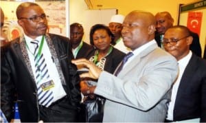 L-R: President, Federation of Construction Industry (Foci), Builder Solomon Ogunbusola, Director-General of Foci, Mrs Olubunmi Adekoje and Director, Highway Planning, Federal Ministry of Works, Mr George Nsonwu, at the 59th annual general meeting on Construction Industry Exhibition Technical Session Products presentation in Abuja last Tuesday 