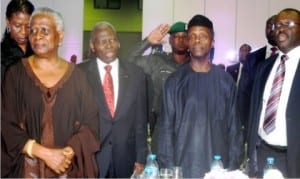  Former Nigerian Ambassador to United Kingdom, Dr Christopher Kolade (2nd left), Vice President, Prof. Yemi Osinbajo (2nd right), and other dignitaries, at the 3rd Christopher Kolade's Annual Lecture in Lagos, last Thursday.