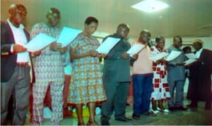 Newly elected officers of Rivers State Council of NUJ taking their oaths of office after election last Friday.