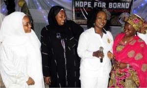 L-R: Founder, Heeba Foundation, Abuja, Mrs Fatima Abdu, Deputy Director, Nigeria Investment Promotion Commission, Abuja. Hajia Gana Wakil, Initiator, Hope for Borno, Mrs Iby Ikotidem and Creative Director, Qhaflani Coutive and Life Style, Hajia Hauwa Lawan, during the unveilling of Hope for Borno Initiative in Abuja, recently.