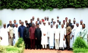 President Muhammadu Buhari (middle) Vice-President Yemi Osinbajo (7th left), with  State Governors and other members of the National Economic Council after their inauguration by President Buhari, at the Presidential Villa in Abuja, last Monday