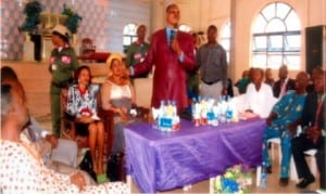 National President, National Clergy Forum (NCF), Bishop (Dr) Hyginus Ndukaife, addressing members of the forum during the presentation of Empowerment Equipment to beneficiaries at Igwuruta, recently.