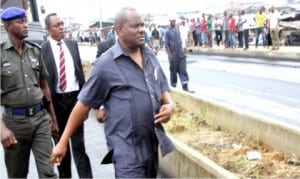 Rivers State Governor, Chief Nyesom Wike (middle), inspecting Azikiwe Road project in Diobu, Port Harcourt inline with 'Operation Zero Pothole' Programme in Port Harcourt, yesterday