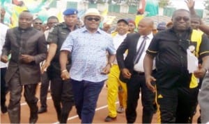 Governor Willie Obiano of Anambra State (middle), and others jogging after the inauguration of 8-lane Olympic Standard Tartan Tracks at Rojenny Stadium in Oba, recently. Photo: NAN