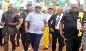 Governor Willie Obiano of Anambra State (middle), and others jogging   after the inauguration of 8-lane Olympic Standard Tartan Tracks at Rojenny Stadium in  Oba, recently.    Photo: NAN