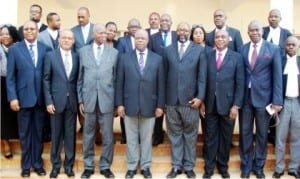 Chief Judge of Anambra State, Justice Peter Umeadi ( 4th left),Chairman, Nigeria Bar Association (Nba),Onitsha Branch, Mr Chudi Obieze (5th left),during the members of the association's visit to the Chief Judge in Onitsha recently