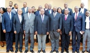 Chief Judge of Anambra State, Justice Peter Umeadi ( 4th left),Chairman, Nigeria Bar Association (Nba),Onitsha Branch, Mr Chudi Obieze (5th left),during the members of the association's  visit to the Chief Judge  in Onitsha  recently 