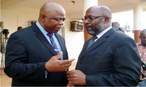 Chief  Judge of  Anambra State, Justice Peter Umeadi (Left) discussing  with Chairman, Nigeria Bar Association (NBA), Onitsha  branch, Mr Chudi Obieze, during  the association's  visit to the Chief Judge  in Onitsha recently.