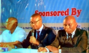 Chairman, Nigeria Institution of Estate Surveyors and Valuers, Rivers State branch, Mr Oladapo Olaya (middle) addressing newsmen during a press briefing in Port Harcourt, recently. With him are Elliot Orupabo (right) and immediate past chairman, Emma Oka Wike.Photo: Ibioye Diama