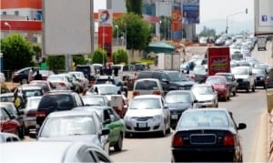 Petrol queues on Herbert Macaulay Way, as stakeholders meet to address the current petrol scarcity tagged petrol queues must go, in Abuja recently.