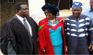 L-R: Vice Chancellor, University of Ibadan, Prof. Isaac Adewole, Lecturer, Prof. Deborah Egunyomi and Nigerian Ambassador in United Nations Scientific and Cultural Organization (UNESCO), Emeritus Prof. Michael Omolewa, at the University of Ibadan Inaugural Lecture titled Balancing Life Equation With Continuing Education delivered by Prof. Egunyomi in Ibadan, last Thursday.