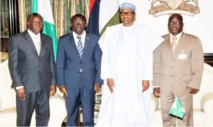 L-R: Bukina-Faso Ambassador to Nigeria, Mr Piabe Ndo, Bukina-Faso’s Special Envoy, Mr Rene Bagoro, President Muhammadu Buhari and the Permanent Secretary, Ministry of Foreign Affairs, Ambassador Paul Lolo, during the visit of the Special Envoy to the Presidential Villa in Abuja last Thursday.