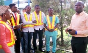 The trainer, brewery department, Life Continental Beer, Mr Emeka Osuji (right), addressing winners of the Life Continental Beer Progress Booster Radio Competition, at Nigeria Breweries, Ama in Enugu, recently.