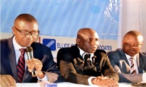 Chairman, Nigeria Institution of Estate Surveyors and Valuers, Rivers State branch, Mr Oladapo Olayal (left), addressing newsmen during a press briefing in Port Harcourt last Thursday. With him are immediate past Chairman, Emma Okas Wike (right) and Secretary of the union, Monday Ahiwe . Photo: Ibioye Diama.