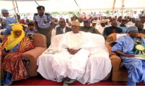L-R: Chief of Dadiya, Alhaji Adamu Abubakar Galadima; Deputy Governor of Gombe State, Mr Charles Iliya and Chairman, Balanga Local Government Council, Alhaji Garba Tallase, at the First Annual Cultural Festival of Dadiya Community in Balanga, Gombe State, recently. Photo: NAN