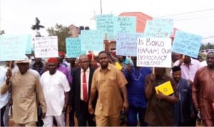 President Generals of the 177 communities in Anambra State protesting the relocation of Boko Haram detainees to Anambra in Awka, yesterday