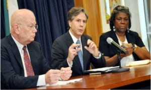 US Deputy Secretary of State, Mr Anthony Blinken (middle),briefing newsmen on the outcome of his meeting with President Buhari, some governors and members of civil society in Abuja yesterday. With him are, US Amb. James Entwhistle (left) and  US Assistant Secretary of State, Linda Thomas-Greenfield.