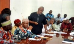 Chairman, Egbema Technical Committee, Prof. Jason Osai (standing middle) speaking during a peace meeting organised by Rivers State House of Assembly adhoc committee in Port Harcourt last Wednesday.  Photo: Chris Monyanaga