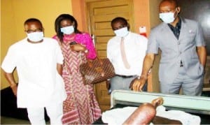 L-R: The Publisher of Orient Daily and Magazine, Mr Godwin Ezeemo; his wife, Mrs Nneka Ezeemo, an unidentified doctor working in Toronto Hospital, Onitsha and the Chief Medical Director of Toronto Hospital, Dr Emeka Eze, during the Publishers' visit to sympathise with victims of Onitsha tanker accident at Toronto Hospital, Onitsha, recently.