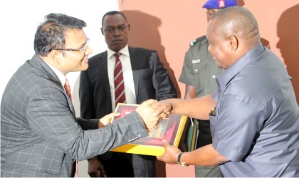 Managing Director, Indorama Eleme Petrochemicals Company, Mr Manish Mundra (left), making a presentation to Governor Nyesom Wike of Rivers State, during the Governor's Investment Promotion visit to the company, recently. Photo: NAN