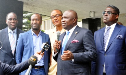 L-R: Chairman, Amazon Energy, Trevor Akindele, Managing Director, Design Extra, Yemi Idowu; Chief Executive Officer, Wichtech, Dr Chidozie Nwankwo; Governor Akinwumi Ambode of Lagos State, Lagos Regional Pastor, the Redeemed Christian Church of God, City of David Parish, Pastor Idowu Iluyomade and a Director of Julius Berger Nigeria Plc., Dr Idowu Sunmonu, during a visit of some investors to Governor Ambode in Lagos last Wednesday.