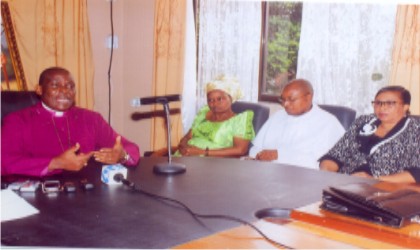 Rt Rev Ralph Cornelius Ebirien (JP), Bishop of the Niger Delta Diocese (left) during press briefing at Church of Nigeria, Anglican Communion, Bishop Court/King William Dappa Complex last Wednesday. With him are wife of the Bishop, Mrs Victoria Ebirien, Ven A. C Abbey-Kalio (2nd right), Registrar of the Diocese, Niger Delta Diocese, Dame Ibiere John-Foby (right). Photo: Egberi A. Sampson