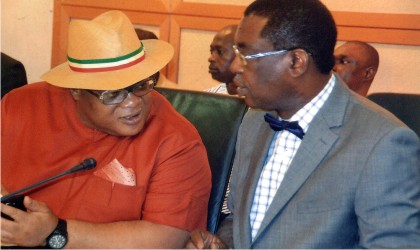 Secretary to the Rivers State Government, Barr Kenneth Kobani (left) conferring with Attorney General and Commissioner for Justice, Barr Emma Aguma (SAN),during inauguration of CTC Chairmen ceremony at Government House Port Harcourt ast Friday