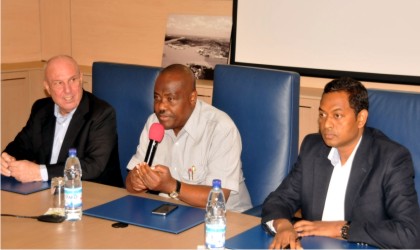 Governor Nyesom Wike of Rivers State (middle), with Chairman, INTELS Nigeria, Mr Gabriele Volpi (left) and the representative of Indoram, during a meeting at INTELS Camp, Onne, recently.