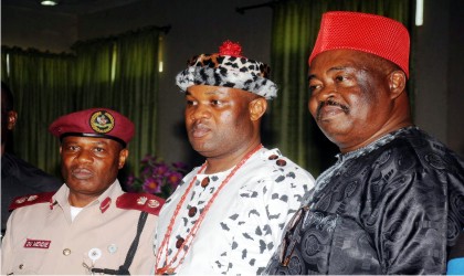L-R: Sector Commander, FRSC in Enugu State, Mr David Mendie; Crown Mayor of Nike Clan, Igwe Emmanuel Ugwu and Chairman, Enugu State Council, Mr Louis Dilibe, during an advocacy visit by the Sector Commander to the Igwe at Ibeagwa Nike, Enugu State, yesterday