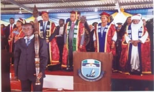 R-L: Emir of Gwandu, Major General (Dr) Muhammad LIiyasu Bashir, Rivers State Deputy  Governor, Dame Dr Ipalibo Harry Banigo (2nd right), representative of Nigerian President, Professor Julius Okoje (middle), Vice Chancellor University of Port Harcourt, Professor Joseph A. Ajienka (4th  right) at the 30th Convocation of the University of Port Harcourt, recently.