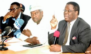 L-R: Representative of the Chief of Air Staff, Air Commodore Hycenth Ezeh, President, National Association of Aircraft Pilots and Engineers (Naape), Mr Balami David, Chairman of the occasion, Capt. Bayo Araba and one of the lead discussants, Capt. Prex Porbeni, during an Aviation Stakeholders Forum in Lagos, yesterday