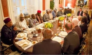 President Muhammadu  Buhari (5th left) and some members of his entourage at a dinner  with Madeline Albright and 10 others at the Blair House in Washington DC, last  Sunday. 