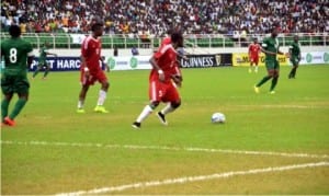 Congolese U-23 defender (5) on the ball during their game with Nigeria’s Dream Team VI at the Adokiye Amiesimaka Stadium, Port Harcourt on Sunday