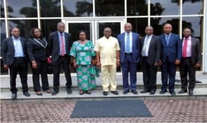 Governor of Rivers State, Chief Nyesom Wike (middle), in a group photograph with management and staff of Shell Petroleum Development Company of Nigeria (SPDC), during a courtesy call in Government House, Port Harcourt recently.