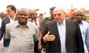 Rivers State Governor, Chief Nyesom Wike (left), with Chairman, INTELS Nigeria, Mr Gabriele Volpi (2nd right) and other dignitaries, on the governor’s arrival in Onne for a meeting recently