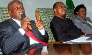 L-R: Former Group Managing Directors of NNPC, Dr Edmund Ayoola, with Chief Chamberlain Oyibo, and former President, Nigerian Mining and Geosciences Society (NMGS), Dr Maria Sonuga, at the NMGS’ annual lecture in Lagos, yesterday.