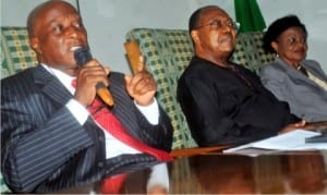 L-R: Former Group Managing Directors  of NNPC, Dr Edmund Ayoola, with Chief Chamberlain Oyibo, and former President, Nigerian Mining and Geosciences Society (NMGS), Dr Maria Sonuga, at the NMGS’ annual lecture in Lagos, yesterday.