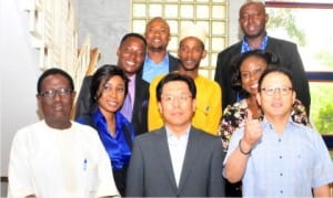 L-R: President, Korea International Cooperation Agency (KOICA) Alumni in Nigeria, Mr Isa Hussein, Korean Ambassador to Nigeria, Noh Kyu-duk and Country Director, Jung Sang-Hoon, with some Nigerians awarded scholarships to study in leading Korean Universities, at their Pre-departure Orientation in Abuja, onWednesday