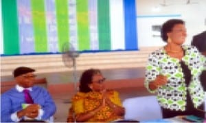 Dr (Mrs) Elizabeth Ugoji (right), with Dr (Mrs) Joyce Ofoegbu (middle) and her husband, Mr Ofoegbu, during an appreciation ceremony in honour of Dr Ugoji and Dr (Mrs) Ofoegbu organised by the Department Office and Information Management in Port Harcourt recently. Photo: Ibioye Diama