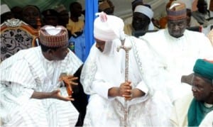L-R: Governor Simon Lalong of Plateau State, Emir of Wase, Alhaji Mohammed Sambo and Deputy Speaker Plateau State House of Assembly, Alhaji Yusuf Gagdi, during the Eid el-Fitri traditional sallah homage to the governor in Jos last Monday. Photo: NAN